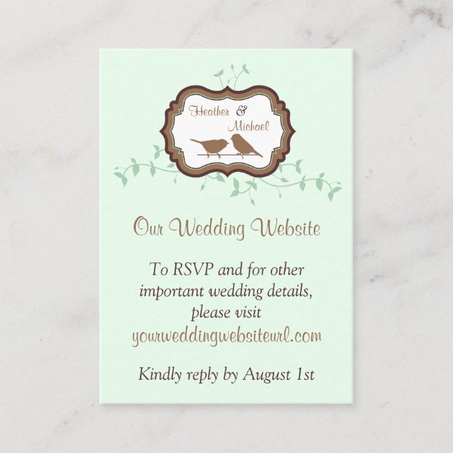 Birds Leaves Mint Chocolate Wedding Website Insert (Front)