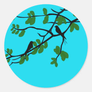 Birds_leaves_tree_blue_design Classic Round Sticker