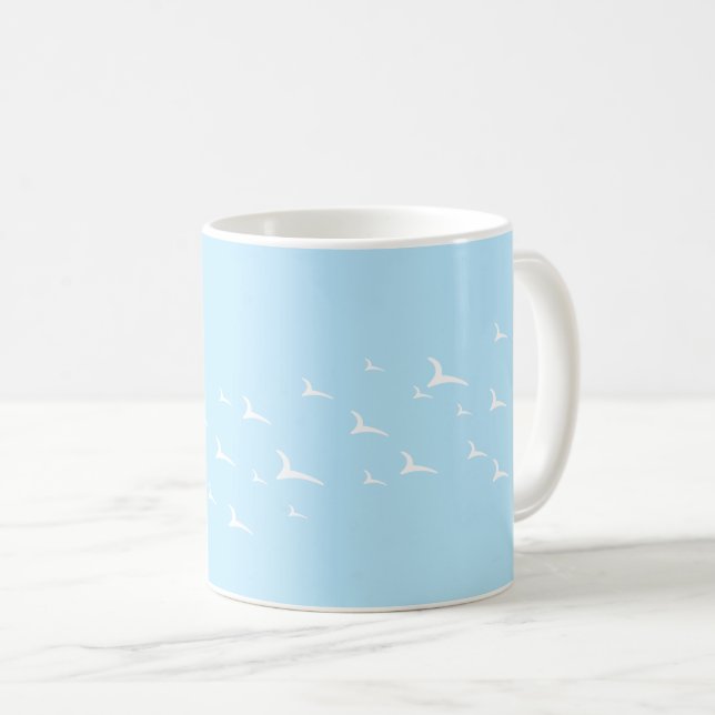 Birds light blue white pattern coffee mug (Front Right)