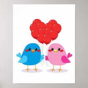 Birds Love Heart Balloons Poster