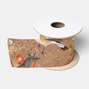 Birds Lovers Royalty Golden Crown Orange Satin Ribbon