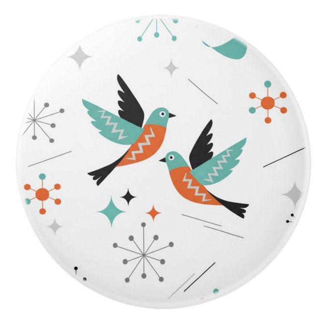 Birds Modern Mid Century Retro Atomic Ceramic Knob (Front)