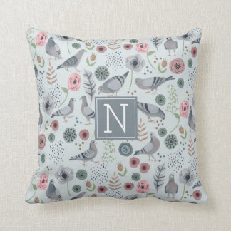 birds monogram light blue pigeon floral pattern throw pillow