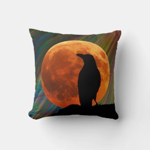 Birds - Moon and Black Raven Halloween Throw Pillow