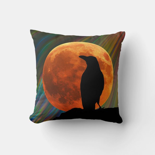 Birds - Moon and Black Raven Halloween Throw Pillow (Front)