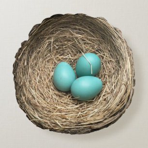 Birds Nest with Blue Eggs Round Pillow