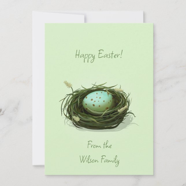 Bird's Nest With Blue Speckled Egg Custom Easter Holiday Card (Front)