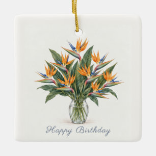 Birds of Paradise Happy Birthday Ceramic Ornament
