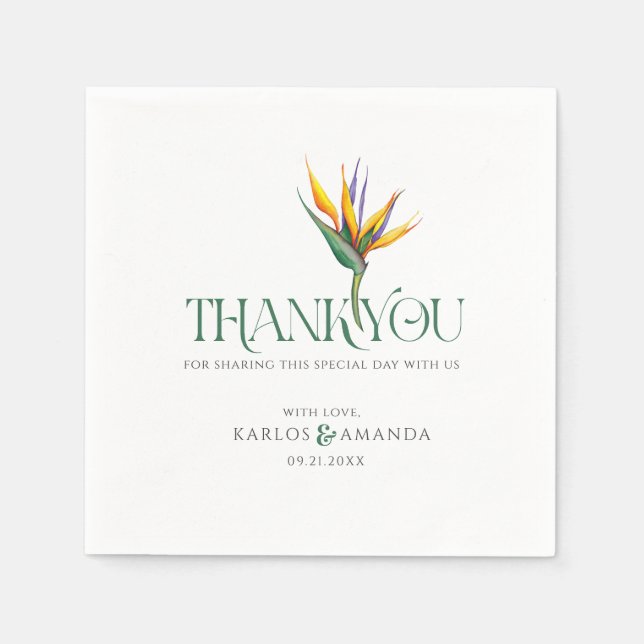 Birds of Paradise Thank You Wedding Typography Napkin (Front)