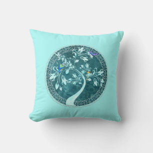 Birds on a Branch Aqua Blue Reversible  Throw Pillow