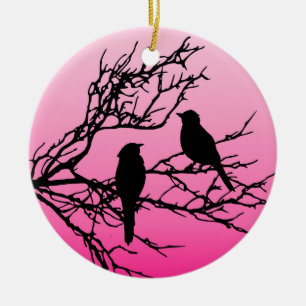 Birds on a Branch, Black Against Dawn Pink Ceramic Ornament
