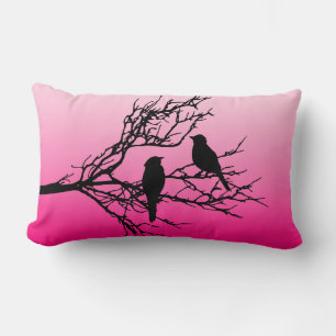 Birds on a Branch, Black Against Dawn Pink Lumbar Pillow