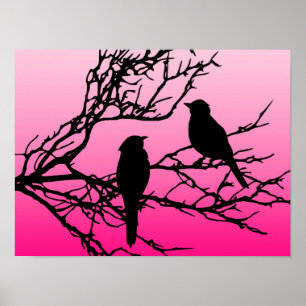 Birds on a Branch, Black Against Dawn Pink Poster