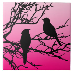 Birds on a Branch, Black Against Dawn Pink Tile