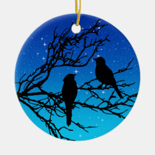 Birds on a Branch, Black Against Evening Blue Ceramic Ornament