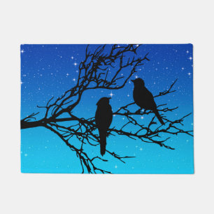 Birds on a Branch, Black Against Evening Blue Doormat