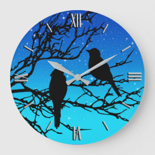Birds on a Branch, Black Against Evening Blue Large Clock