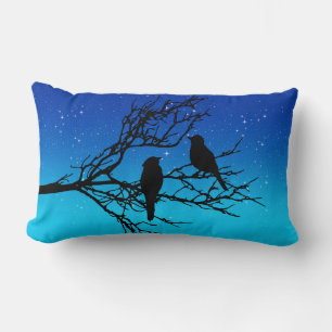 Birds on a Branch, Black Against Evening Blue Lumbar Pillow