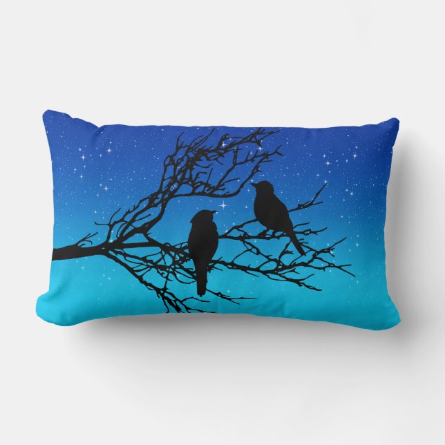 Birds on a Branch, Black Against Evening Blue Lumbar Pillow (Front)