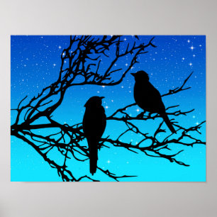 Birds on a Branch, Black Against Evening Blue Poster