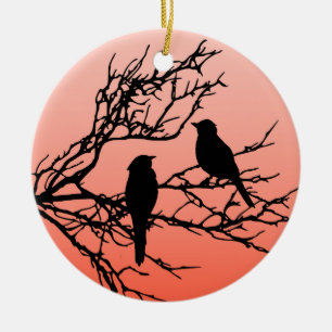 Birds on a Branch, Black Against Sunset Orange Ceramic Ornament