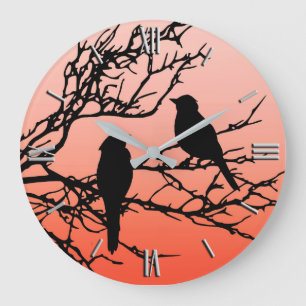 Birds on a Branch, Black Against Sunset Orange Large Clock