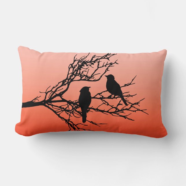 Birds on a Branch, Black Against Sunset Orange Lum Lumbar Pillow (Front)