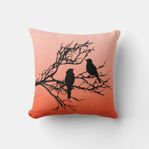 Birds on a Branch, Black Against Sunset Orange Thr Throw Pillow