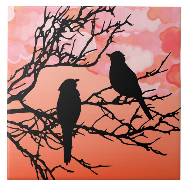 Birds on a Branch, Black Against Sunset Orange Tile (Front)