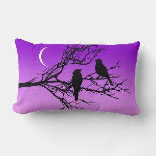 Birds on a Branch, Black Against Twilight Purple L Lumbar Pillow