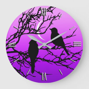 Birds on a Branch, Black Against Twilight Purple Large Clock