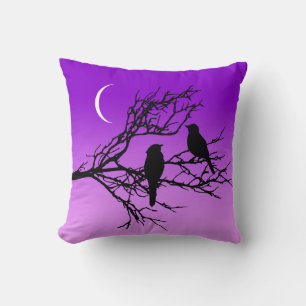 Birds on a Branch, Black Against Twilight Purple T Throw Pillow