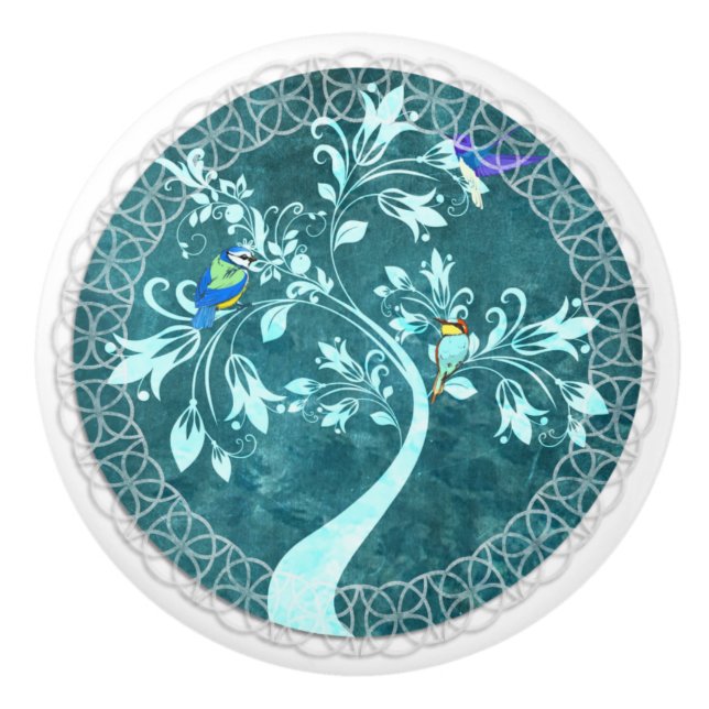 Birds on a Branch Blue Country Ceramic Pull (Front)