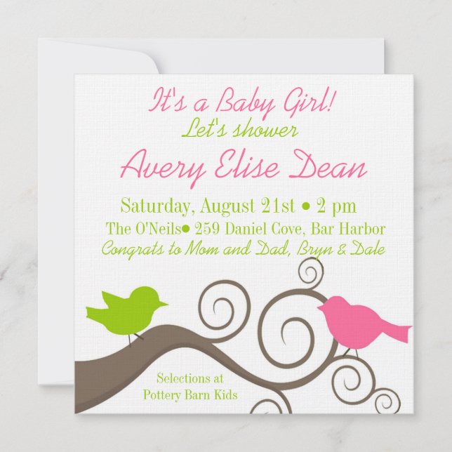Birds on a Branch in Lime & Pink Invitation (Front)