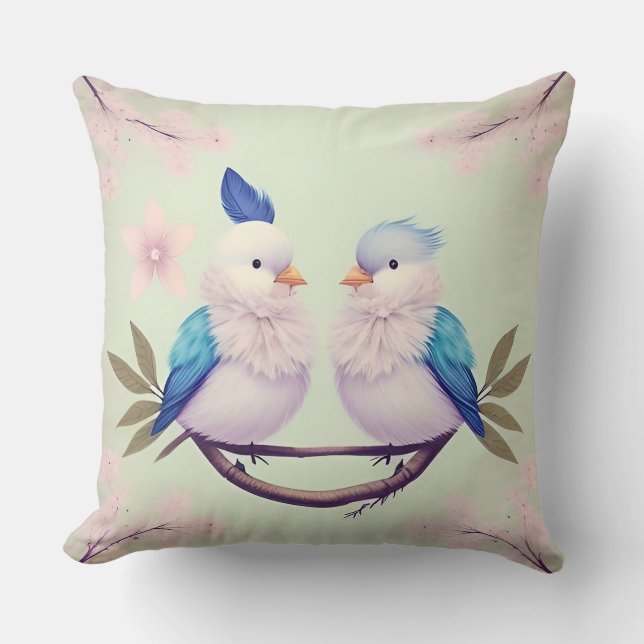 Birds on a Cherry Blossom Branch Throw Pillow (Front)