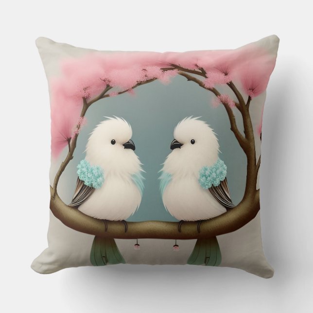 Birds on a Cherry Blossom Branch Throw Pillow (Front)