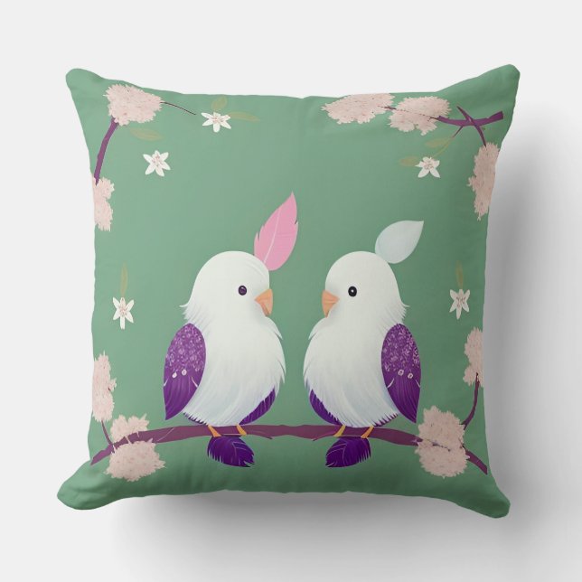 Birds on a Cherry Blossom Branch Throw Pillow (Front)
