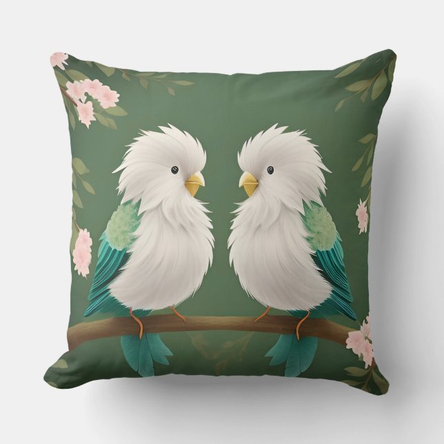 Birds on a Cherry Blossom Branch Throw Pillow (Front)