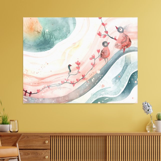 Birds on a Heart Branch  Canvas Print (Insitu(LivingRoom))