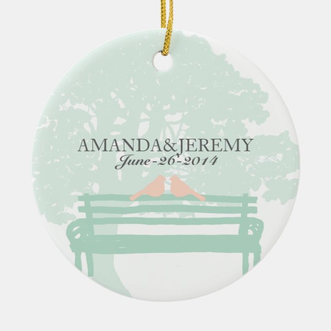 Birds on a Park Bench Wedding Anniversary Ceramic Ornament (Front)