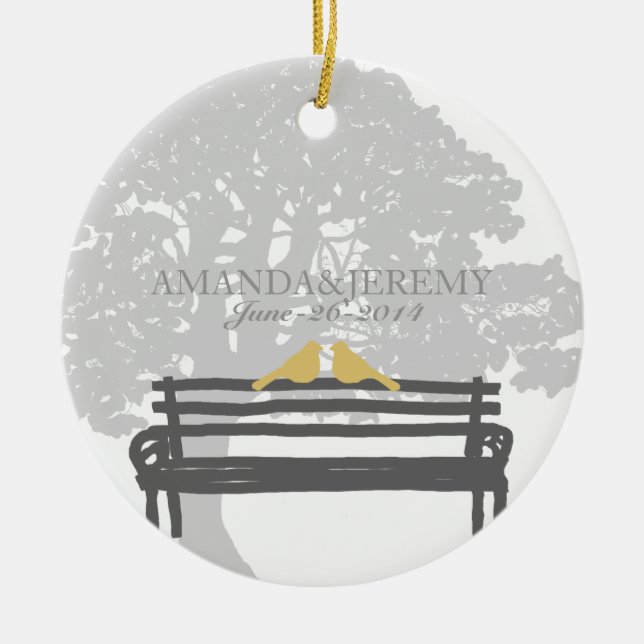 Birds on a Park Bench Wedding Anniversary Ceramic Ornament (Front)