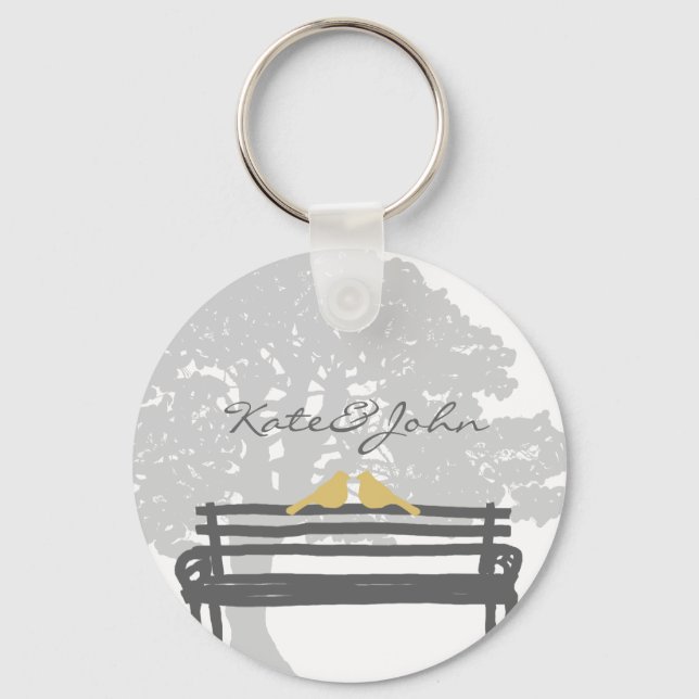 Birds on a Park Bench Wedding Keychain (Front)