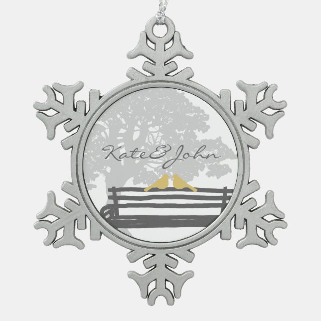 Birds on a Park Bench Wedding Snowflake Pewter Christmas Ornament (Front)