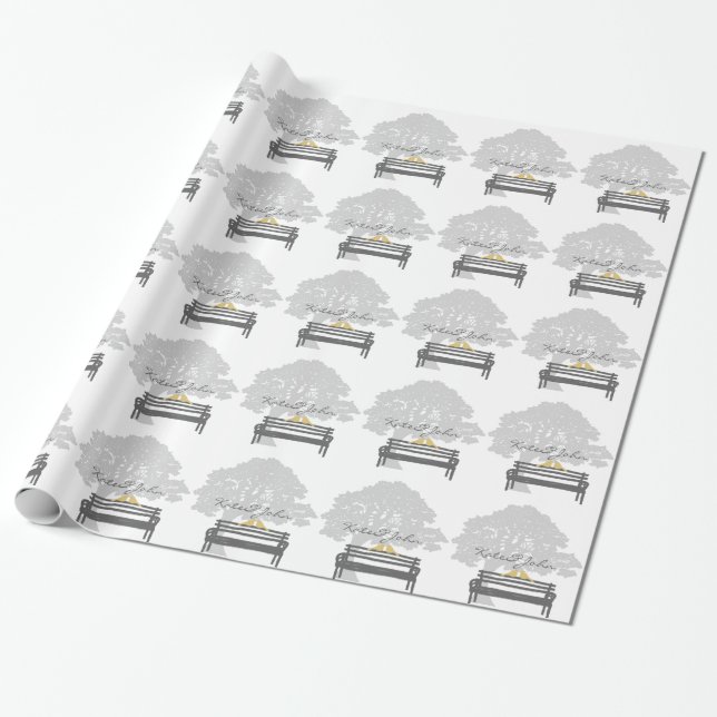 Birds on a Park Bench Wedding Wrapping Paper (Unrolled)
