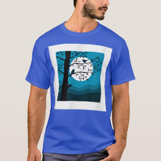 Birds On A Tree Blue Night Scene Moon Print Decor  T-Shirt
