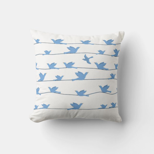 Birds on a Wire, Silhouette in Blue Throw Pillow (Front)