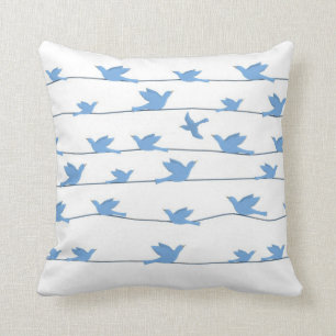 Birds on a Wire, Silhouette in Blue Throw Pillow