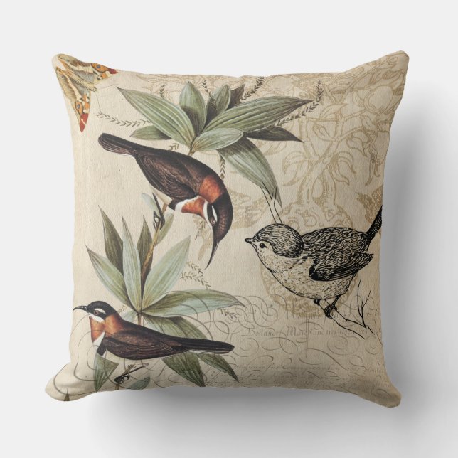 Birds on branch green foliage butterfly drawing throw pillow (Front)