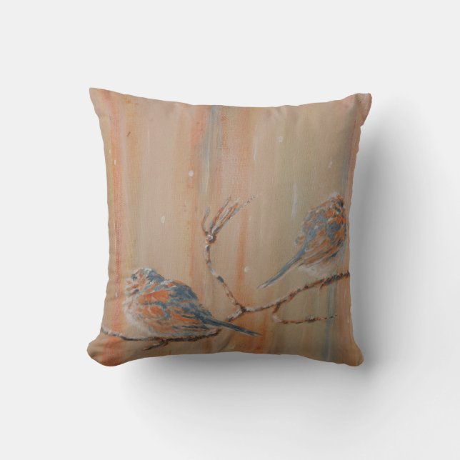 Birds on branch in snow throw pillow (Front)