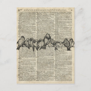 Birds on Branch Vintage Stencil Over Old Book Page Postcard